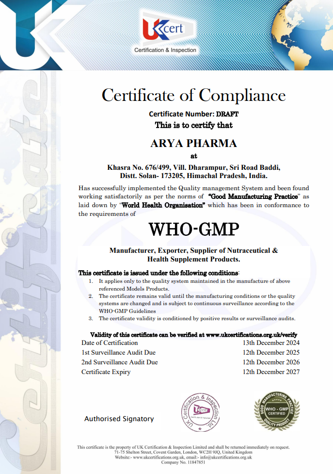 Arya Pharma Baddi | Certificate of compliance | GMP certified nutraceutical manufacturing company India