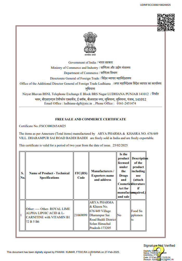Arya Pharma Baddi | Free sale certificate | Export approved pharma manufacturing company India